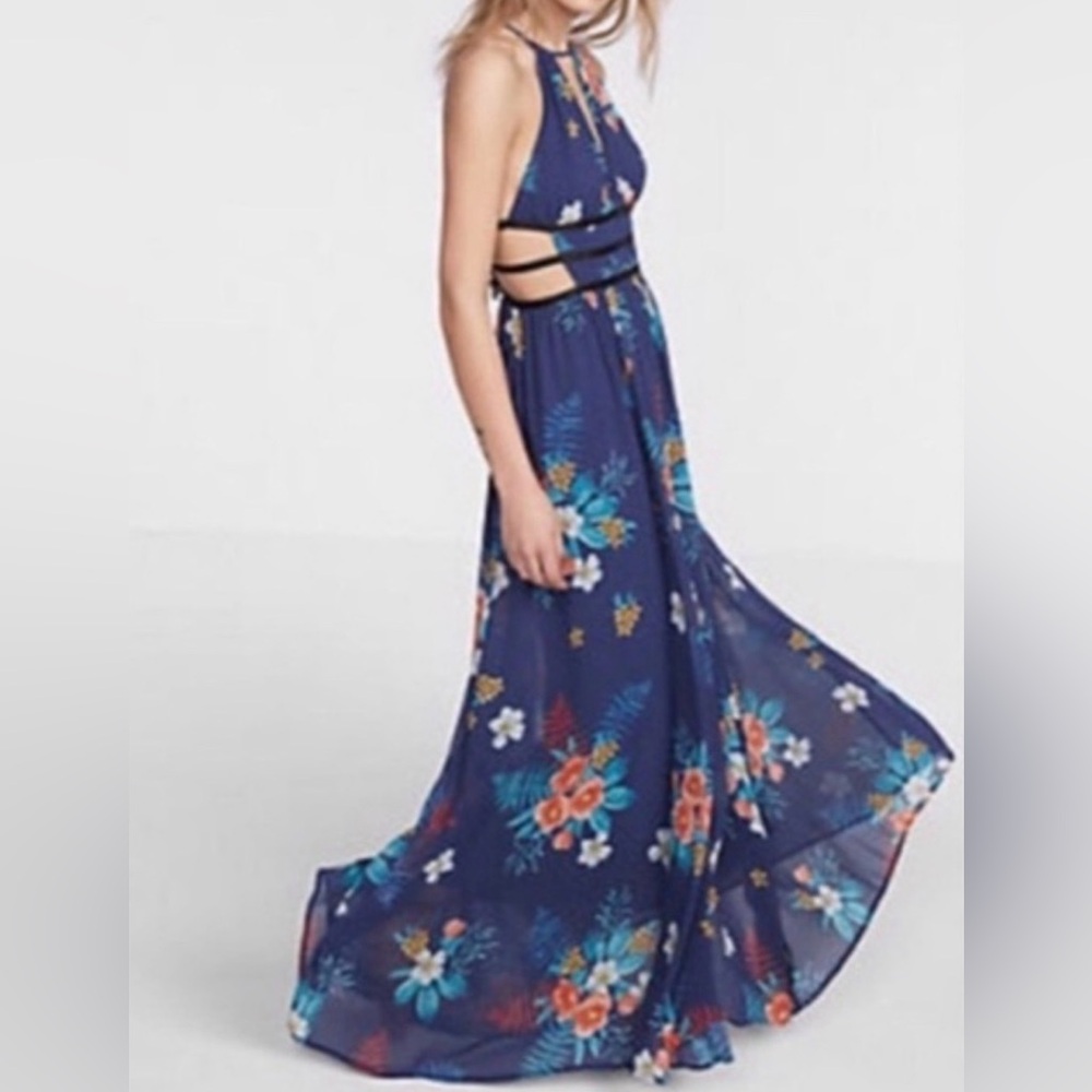 Express floral navy blue halter maxi dress featuring side cutouts Size XXS
